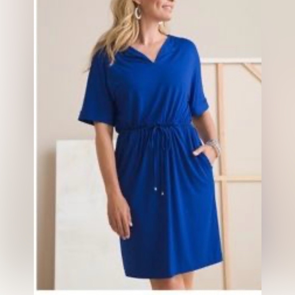 CHICO'S Career Casual Travel Split V-Neck Drawstring Waist Cobalt Blue Dress L